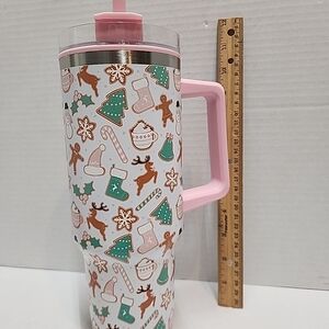 Festive Holiday Tumbler with Pink Handle